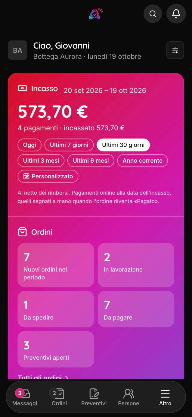 La panoramica dell’app di Apposto con incassi e ordini